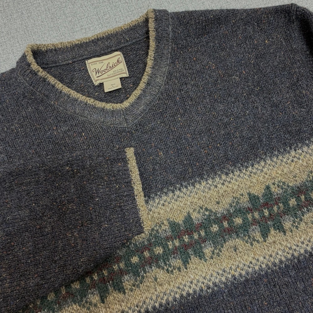Woolrich Vintage Wool Fair Isle Sweater Mens Large V Neck Made USA